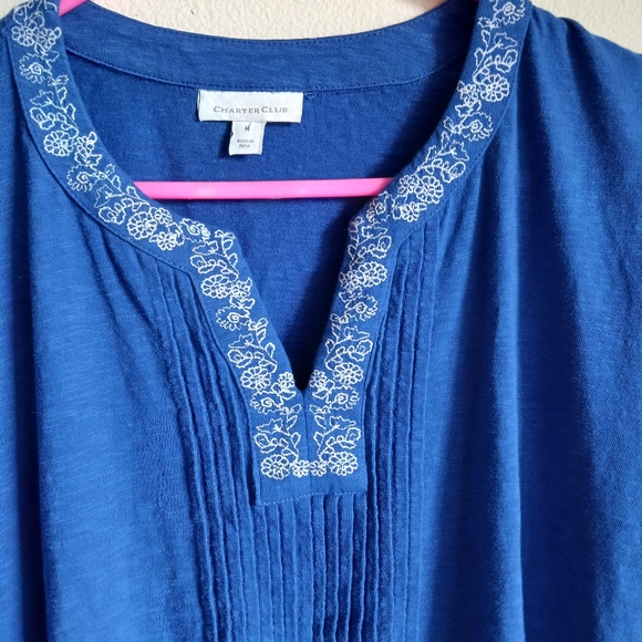 Charter Club Blue White Embroidered pleated top - Picture 9 of 11